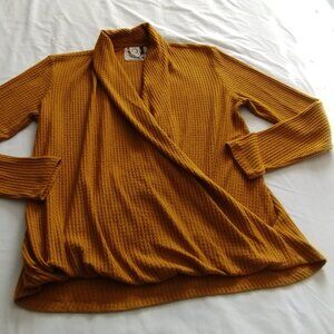 AKEMI + KIN (ANTHROPOLOGIE) Mustard Yellow WAFFLE Knit Faux WRAP Knit Top Sz M
